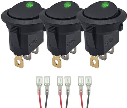 ProRide Wipschakelaar ON-OFF KCD2-12 - met Aansluitkabels - 3 pins - Rond - 12V/20A - LED indicator Groen - 3 stuks