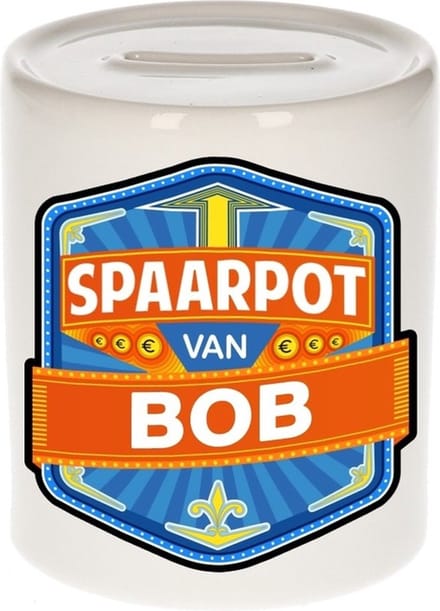 Bellatio Decorations Kinder spaarpot met naam - Bob - keramiek - met dop - wit - Sparen - Spaargeld van Bob