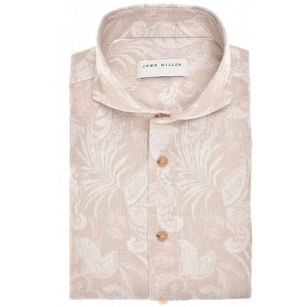 John Miller Overhemd Cutaway Linnen Cotton Fantasy Leaves Pattern Sandy / male