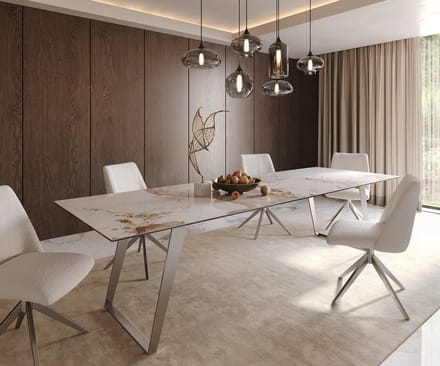 Eetkamertafel Edge keramiek Minas Melange wit-beige 300x100 RVS schuin