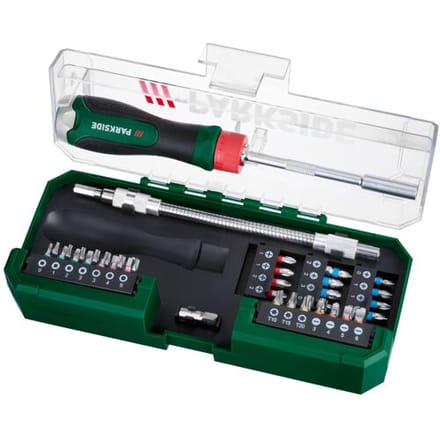 PARKSIDE® Ratelschroevendraaier- en bitset 43 delig - 6,3 mm ratelschroevendraaier met ergonomische greep