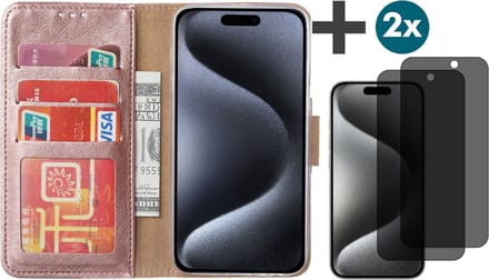 Hoesje met Privacy Screenprotectors 2 Stuks Geschikt voor iPhone 15 Pro Max – Arara bookcase met pasjeshouder - Rosegoud