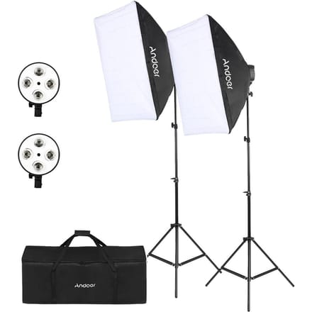 Andoer Studio Fotografie Kit Softbox Verlichtingsset met 50x70cm Softbox * 2 + 4in1 Lampfitting * 2 EU Plug white