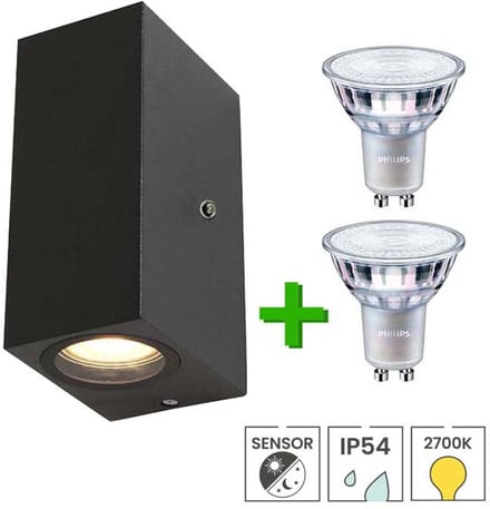 Lybardo - Buitenlamp met sensor dag en nacht - Wandlamp up & down - 2 x LED GU10 Philips - Warmwit licht