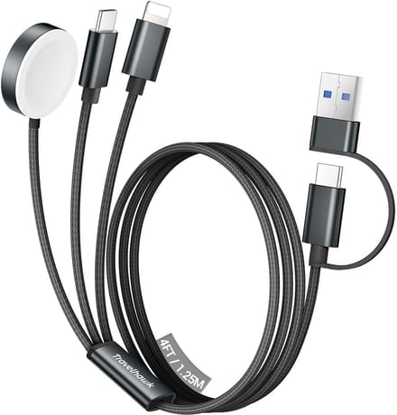 Travelhawk 3-in-1 Multi USB Kabel - USB-C, Lightning, Apple Watch Oplader - 120 W Snellader - Geschikt voor iPhone, Samsung, Xiaomi