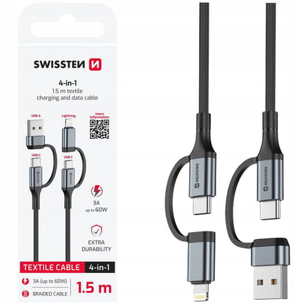 SWISSTEN 4-in-1 Laadkabel 1,5M USB-C, USB-A & Lightning 60W Zwart