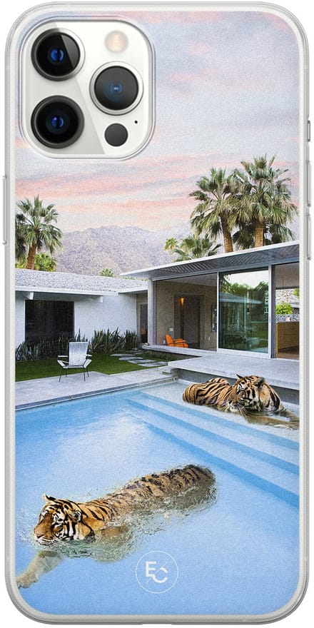 Hoesje geschikt voor iPhone 12 Pro Max - Tijger zwembad - Soft Case - TPU - Print - Multi - ELLECHIQ