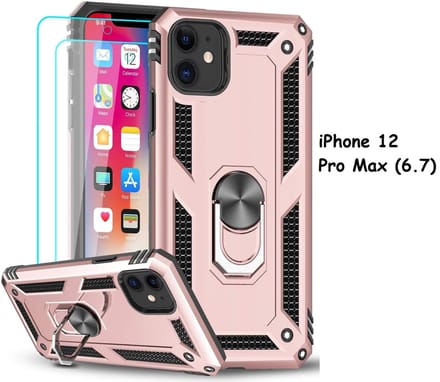 Hoesje Geschikt voor iPhone 12 Pro Max hoesje - Hardcase - Tough armor ring Rosegoud + 2 stuks screenprotector
