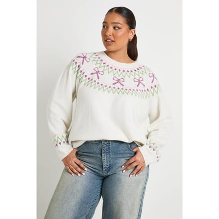 boohoo Dames Plus Bow Fairisle trui | Ivory | Maat: 16-18
