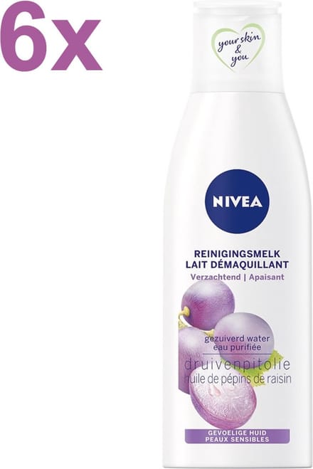 NIVEA - Essentials Sensitive - Druivenpitolie - Reinigingsmelk - 6x 200ml - Voordeelverpakking