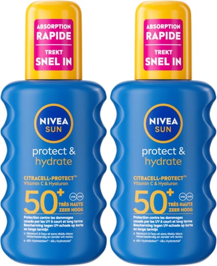 NIVEA SUN Protect & Hydrate Zonnebrand Spray - SPF 50 - Zonnespray - Hydrateert - Met Vitamine C - Duopack - 2x 200 ml