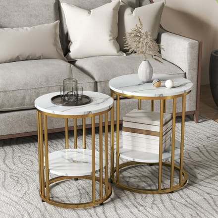 REDOM Salontafel set van 2, rond houtlook met onderblad en metalen frame, wit