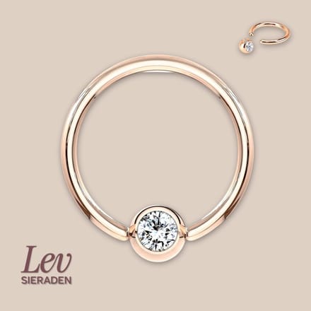 Titanium Ball closure ring piercing - 1.2x10mm - Roze met zirkonia steen - Lev Sieraden - BCR - Piercing ring