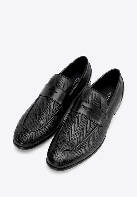 Wittchen - Herringbone Lederen Mocassins - Zwart - Decoratieve Band - Platte Hak
