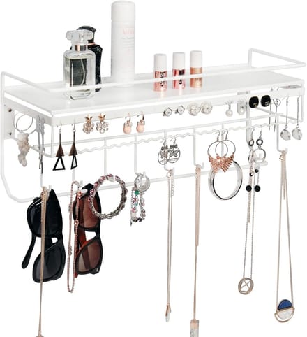 Wandmontage Witte IJzeren Cosmetica & Sieraden Organizer met Plank en Haken