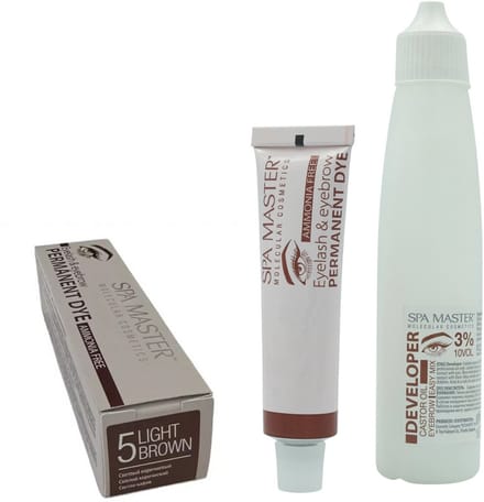 Spa Master Eyelash & Eyebrow Permanent Dye Light Brown + Developer 3% – Wenkbrauwverf & Wimperverf Set Lichtbruin – Professioneel & Ammoniakvrij – Inclusief Castor Olie – 20ml + 60ml