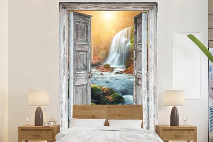 Behang - Fotobehang Waterval - Doorkijk - Landschap - Breedte 225 cm x hoogte 350 cm