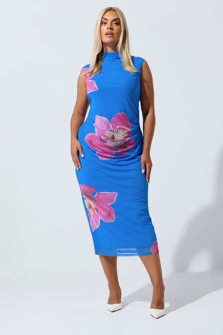 Limited Collection Blauwe Bloemenprint Mesh Jurk Size 48