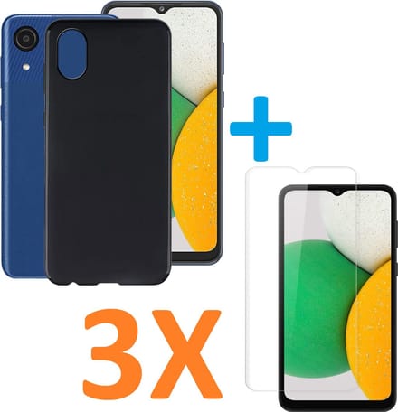 Silicone hoesje zwart met 3 Pack Tempered glas Screen Protector Geschikt voor: Samsung Galaxy A03 Core