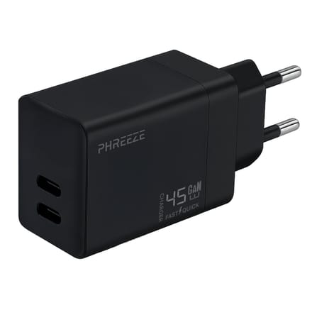 Usb C oplader 45w 2 poorten - Gan fast charger - Snellader - Zwart - Phreeze