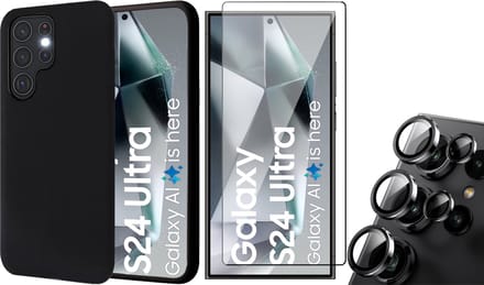 Hoesje geschikt voor Samsung Galaxy S24 Ultra - Screenprotector Volledig Dekkend Glas & Camera Protector - Mat Back Case Zwart