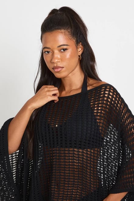 boohoo Dames Open Gebreide Gehaakte Cape | Zwart | Maat: Large