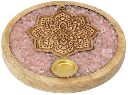 Wierookkegelhouder Mandala rozenkwarts mangohout - ± 10 cm