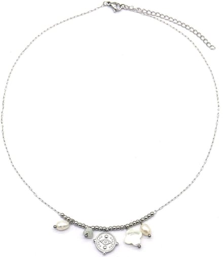 Ketting Munt - Parels en Stenen - RVS - Lengte 39-44 cm - Zilverkleurig