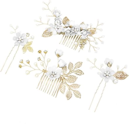Set van 4 Gouden Bruidshaarkammen met Witte Bloem en Strass Versiering