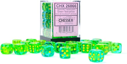 Chessex Gemini Translucent Green-Teal/yellow D6 12mm Dobbelsteen Set (36 stuks)