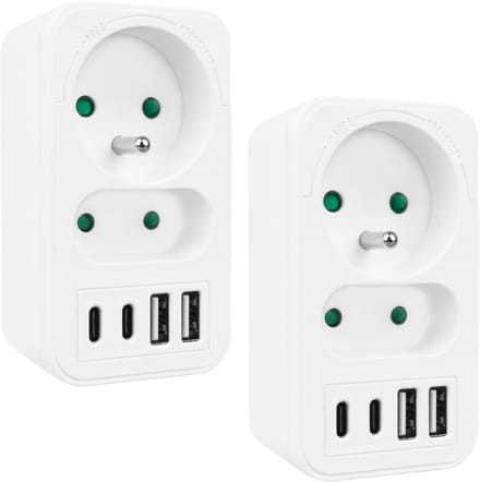 Maclean MCE249 F/W - Set van 2 stuks Stekker -stroomaansluiting x2 + 4xUSB, splitter met 2 aansluitingen, 2xUSB A, 2xUSB C PD 20W, 1x16A + 1x6A - Wit