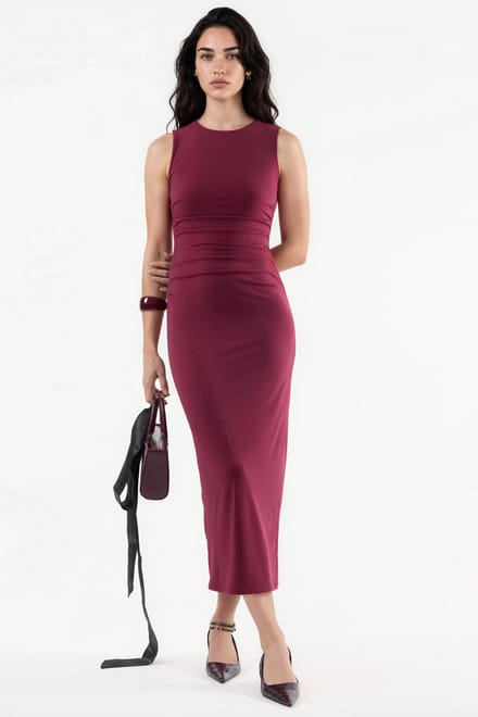 Fitted Midi-jurk met Drapage en Ronde Hals