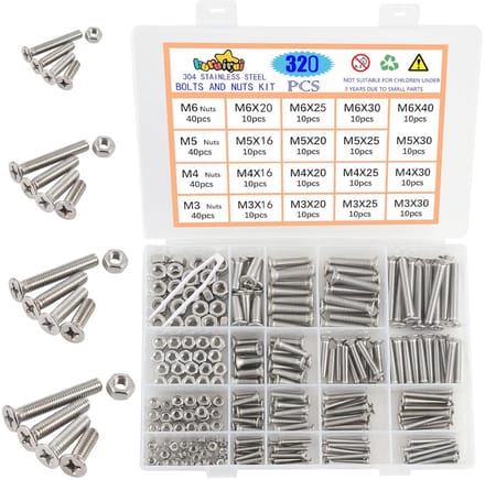 Moeren en Schroeven Set M3 M4 M5 M6 - 320 Stuks Roestvrij Staal met Opbergdoos