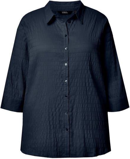 Ulla Popken - Dames - Blouse bubble-kwaliteit overhemdkraag 3/4-mouwen - Marine - Maat 54+