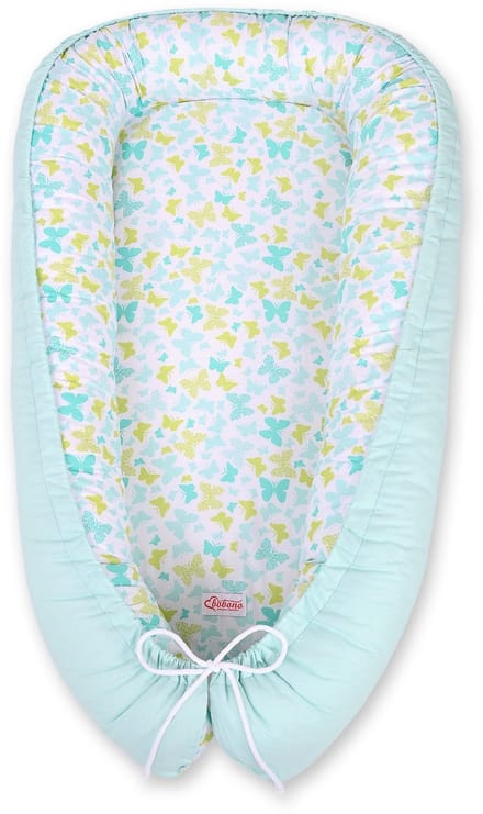 Babynest dubbelzijdig Premium Cocoon voor baby's BOBONO - blauwe vlinders/mint