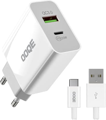 OOQE 2-in-1 USB Quick Charger | USB-C en USB-A ingang | Snellader | Oplader | Adapter | 20 Watt | Universeel | Inclusief OOQE USB-C kabel van 1m