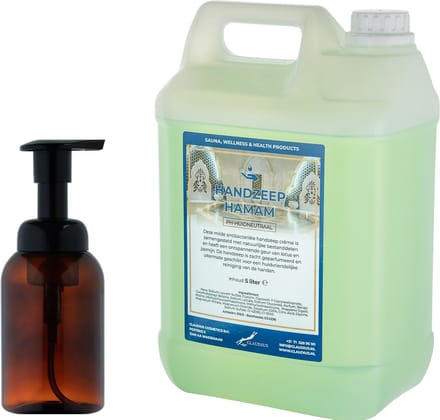 Zeepdispenser 300 ml amber bruin hervulbaar + 5 liter Handzeep Hamam navulling