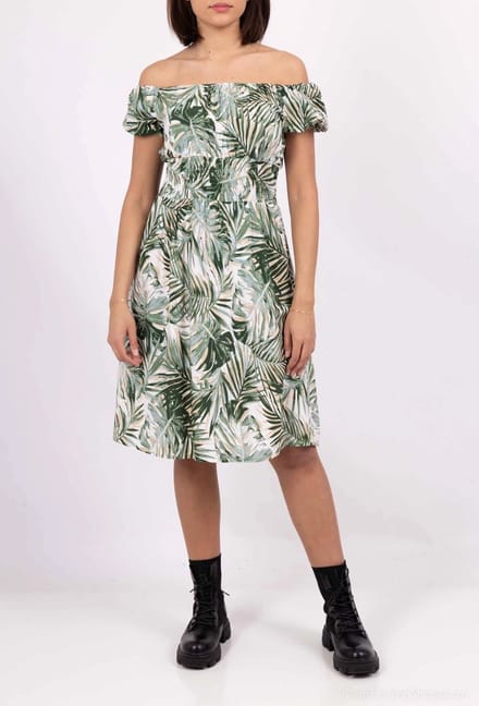 Dames jurk Dieke-bladerenmotief-groen wit beige-Maat S-strandjurk