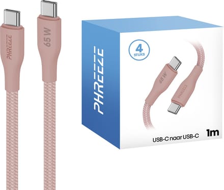 Usb C kabel 65w - 4 pack - roze - 1 meter - Stevig nylon - Type C oplaadkabel - Phreeze