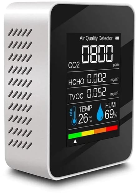 Luchtkwaliteitsmonitor 5-in-1 - CO2-detector Formaldehyde - Binnenlucht Meten - Groot LCD-scherm - 90 x 70 x 35 mm - Wit