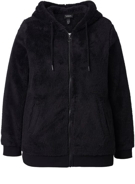 Ulla Popken - Dames - Teddy jas capuchon lange mouwen zachte teddypluche - Zwart - Maat 42+
