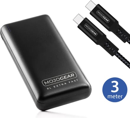 MOJOGEAR MINI XL 20.000 mAh EXTRA FAST powerbank met USB-C naar USB-C kabel 100W USB 3.1 Extra Sterk 3m