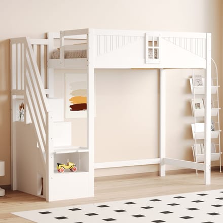 Sweiko Hoogslaper - 90 x 200 cm - Links/rechts verwisselbaar - Met kledingkast - Wit