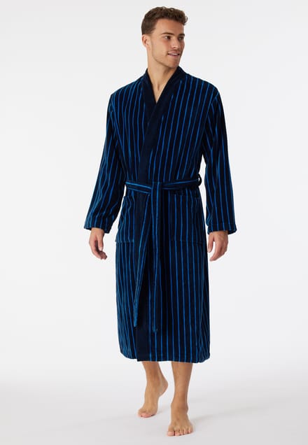 SCHIESSER Essentials badjas - heren badjas softvelours donkerblauw gestreept