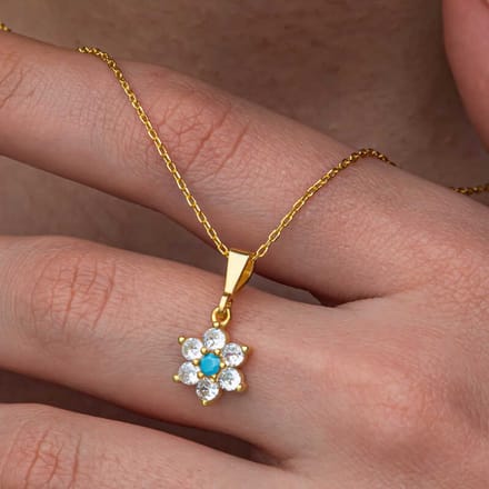 Handgemaakte 925 Zilver Vergulde Bloem Damesketting met Blauwe Steen