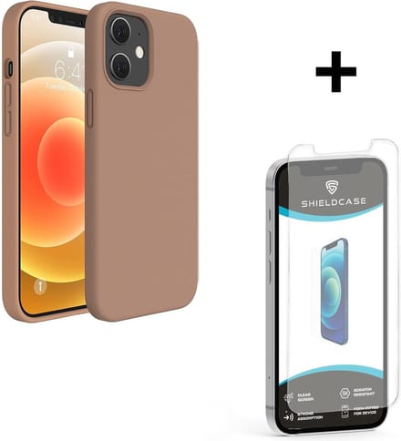 ShieldCase Silicone case geschikt voor Apple iPhone 12 / 12 Pro - optimale bescherming - siliconen hoesje - backcover - lichtbruin + glazen Screen Protector