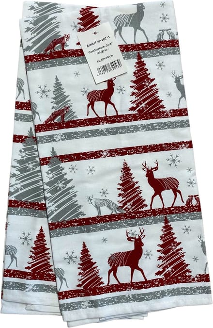 Theedoeken - Kerst - Set van 2 - Rood - Grijs - Wit - Herten - Dennenbomen - 40 x 70 cm