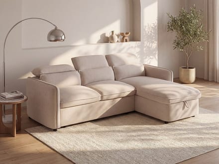 Vente-unique Omkeerbare hoekslaapbank in beige stof MANUKO