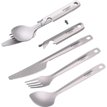 TOMSHOO 4-in-1 titanium bestek bestekset lichtgewicht dinerlepel vorksnijder met multifunctionele opslaghouder flesopener white
