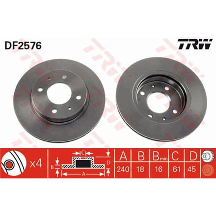 Remschijf TRW DF2576 voorkant, geventileerd, sterk gecarboniseerd, 1 Stuk